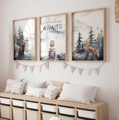 Adventure Nursery Prints, Woodland Animal Decor, Adventure Awaits - WildfieldPrints