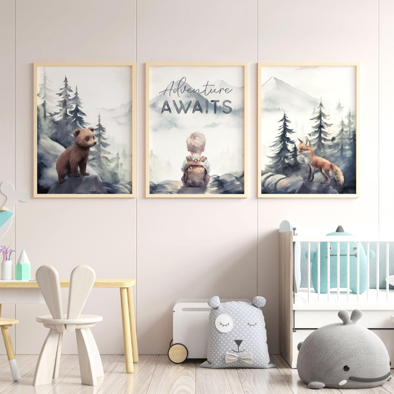Bear & Fox Wall Art – Woodland Nursery Print for Boys • Set of 3