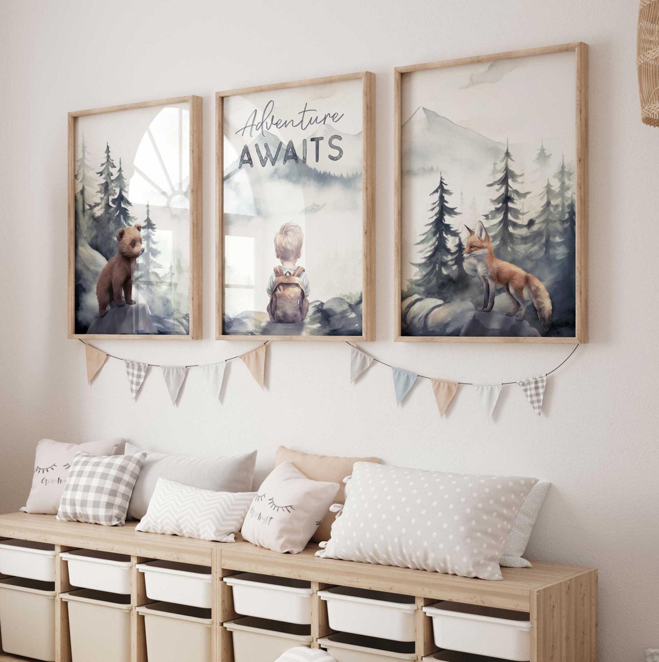 Bear & Fox Wall Art – Woodland Nursery Print for Boys • Set of 3