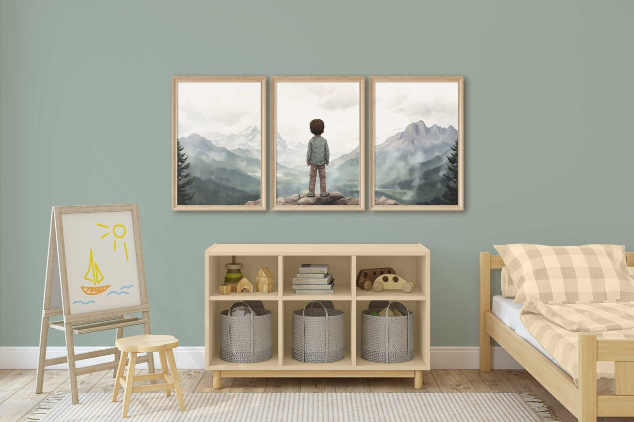 Green Mountains Wall Art – Adventure Boys Room Print • Set of 3