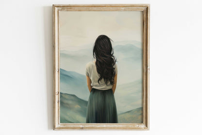 Adventure Wall Art, Mountain Decor, Woman on a Peak Print, Teal Home Accent - WildfieldPrints