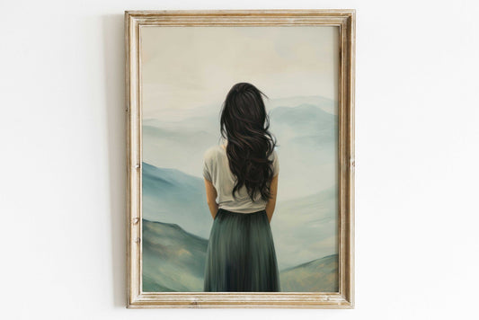 Adventure Wall Art, Mountain Decor, Woman on a Peak Print, Teal Home Accent - WildfieldPrints