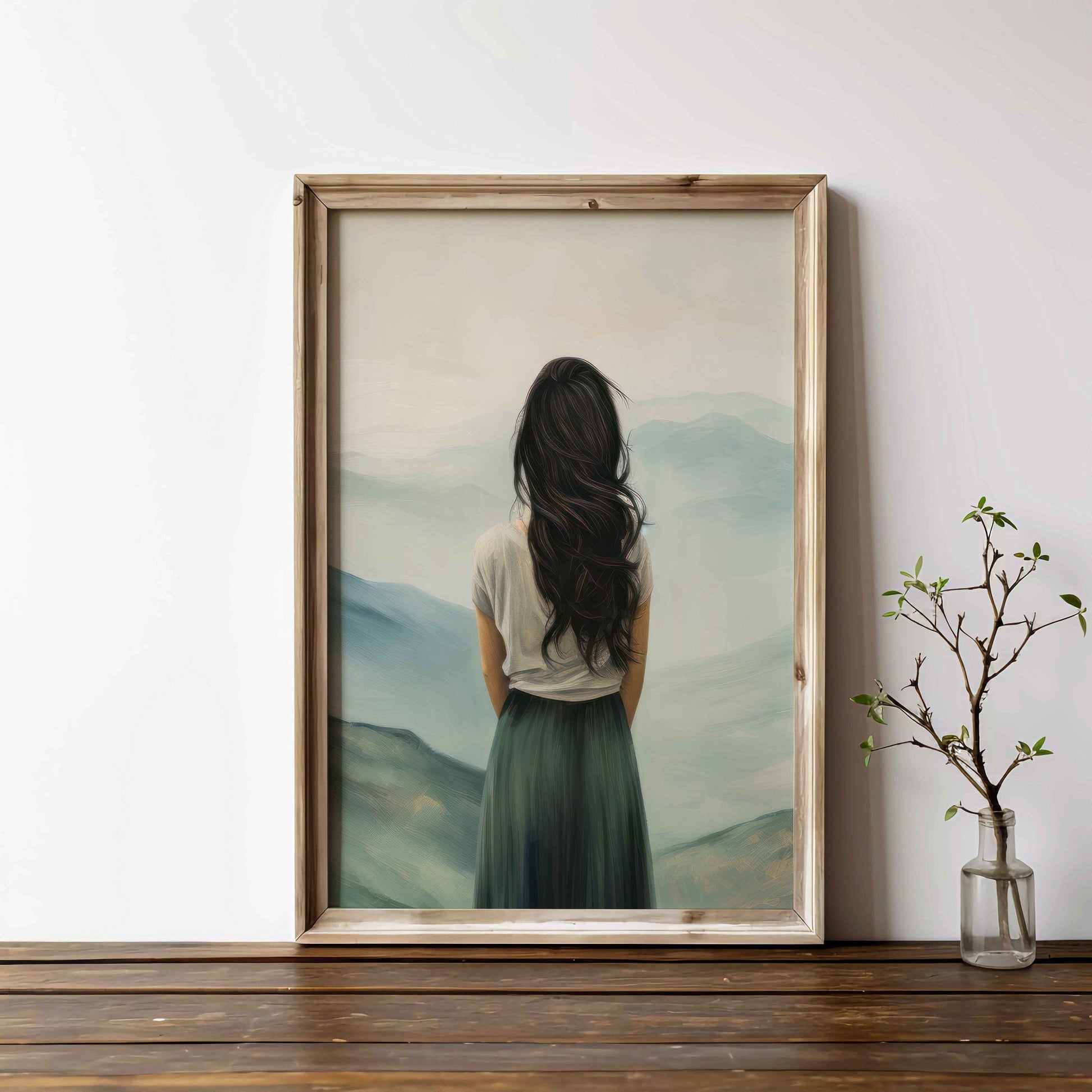 Adventure Wall Art, Mountain Decor, Woman on a Peak Print, Teal Home Accent - WildfieldPrints