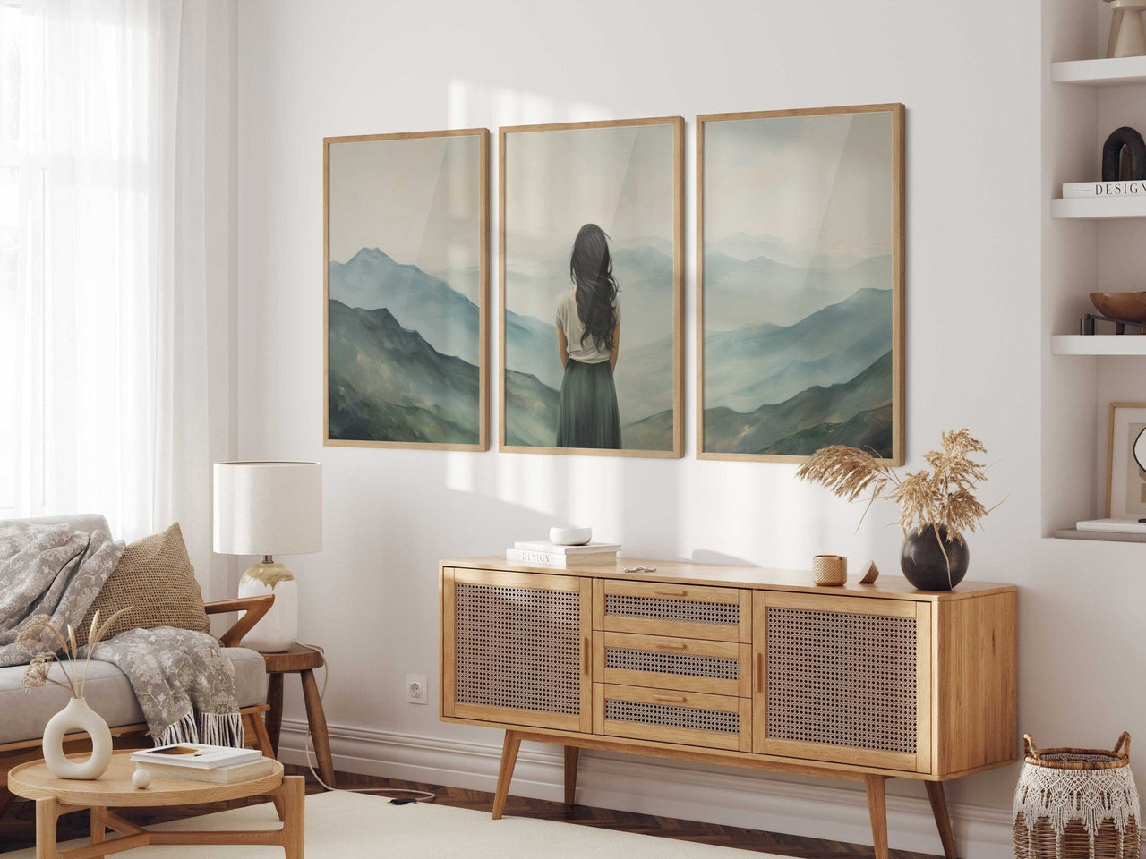 Woman on Mountain Print – Adventure Living Room Wall Decor • Set of 3
