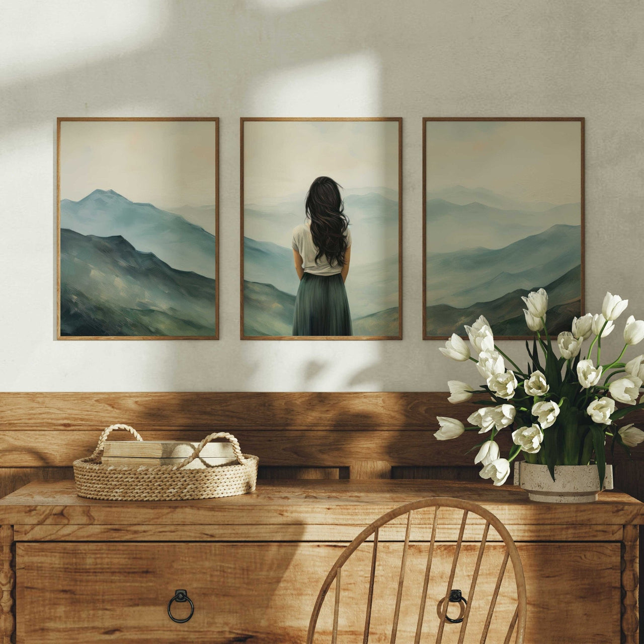 Woman on Mountain Print – Adventure Living Room Wall Decor • Set of 3