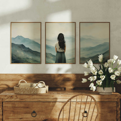 Adventure Wall Art, Woman on a Mountain Print, Teal Decor, Gift for Her - WildfieldPrints