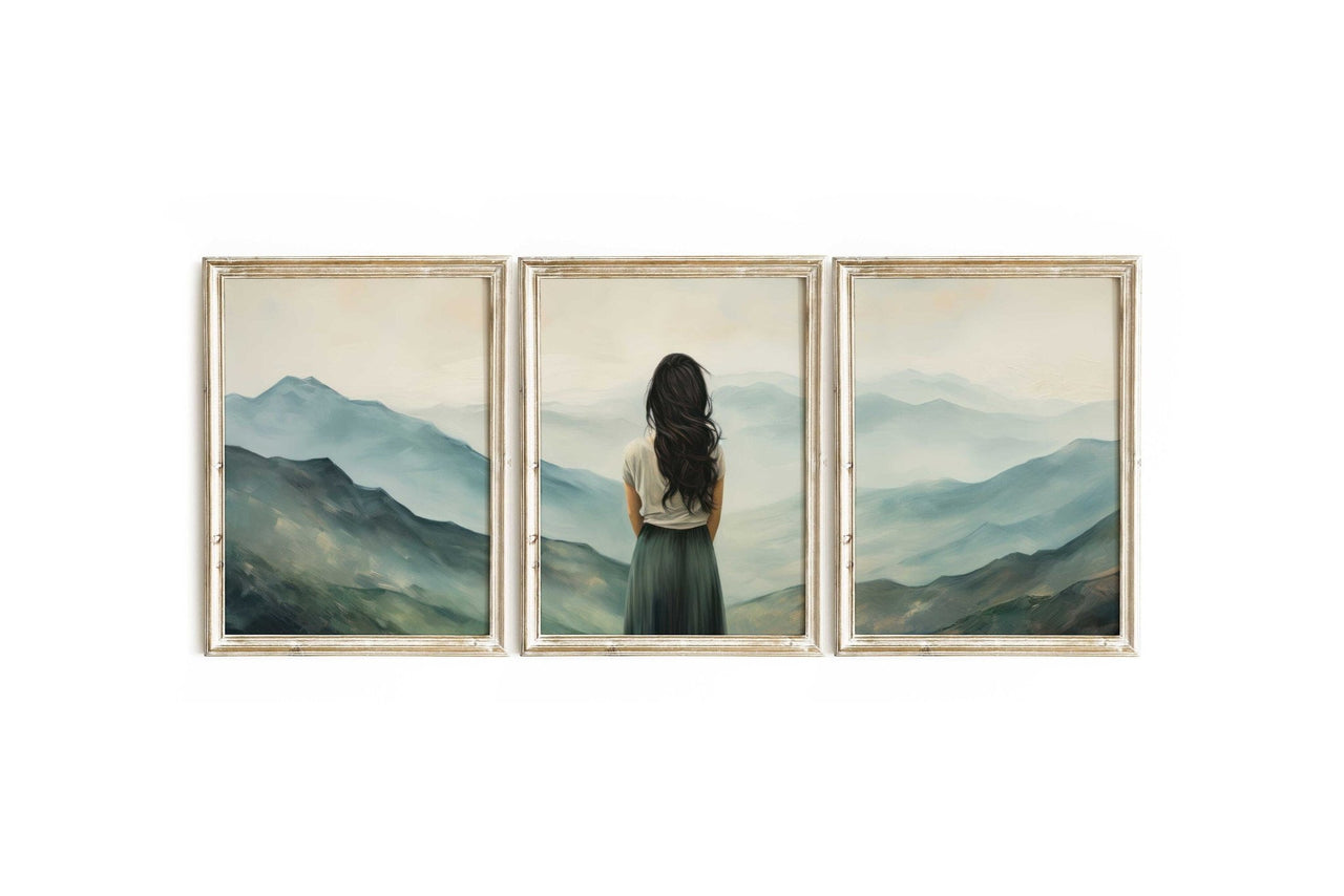 Woman on Mountain Print – Adventure Living Room Wall Decor • Set of 3