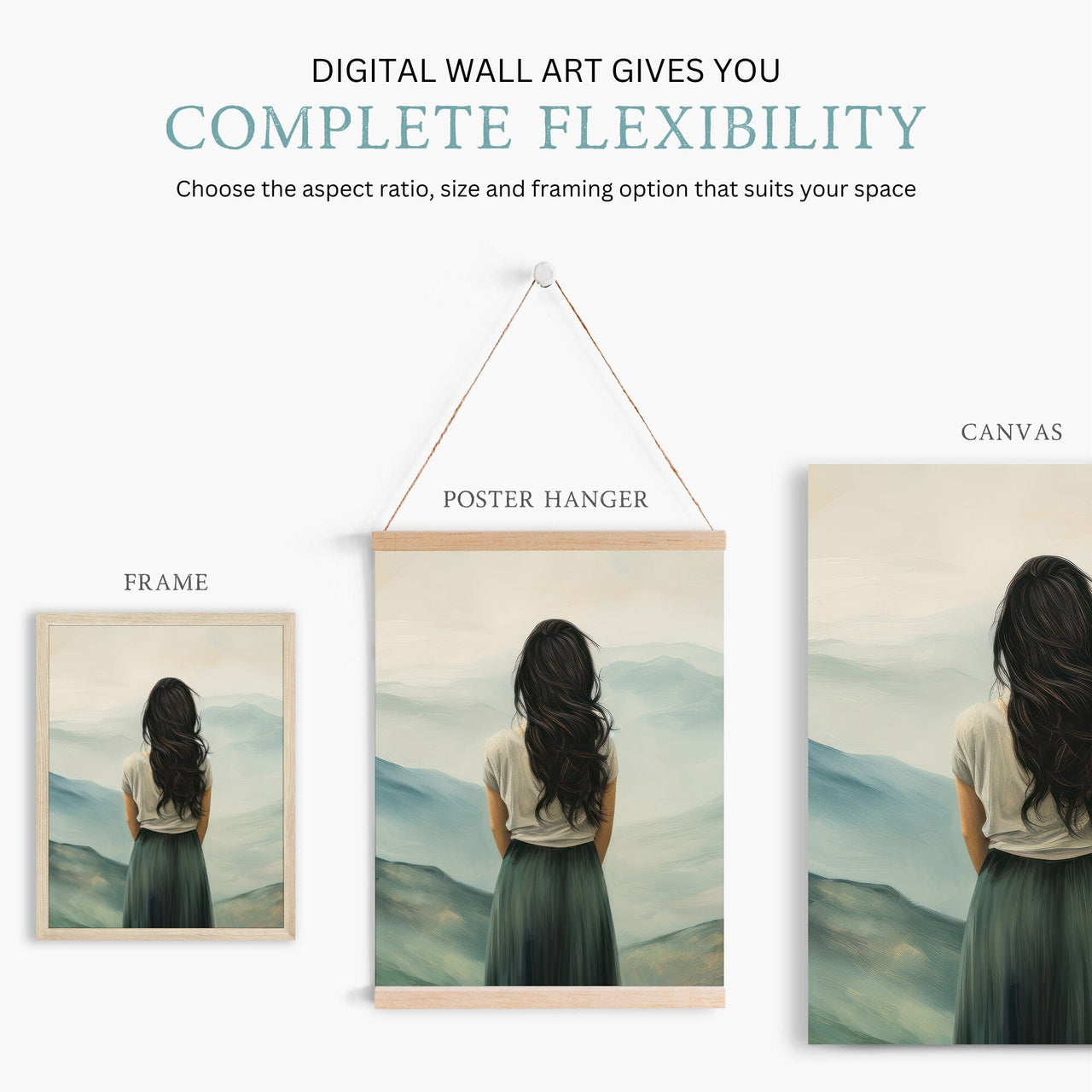 Woman on Mountain Print – Adventure Living Room Wall Decor • Set of 3