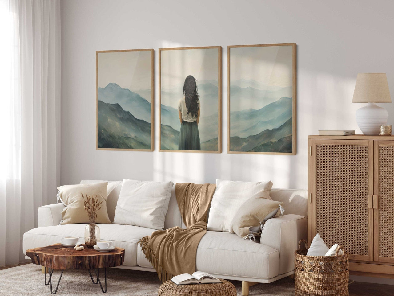 Woman on Mountain Print – Adventure Living Room Wall Decor • Set of 3