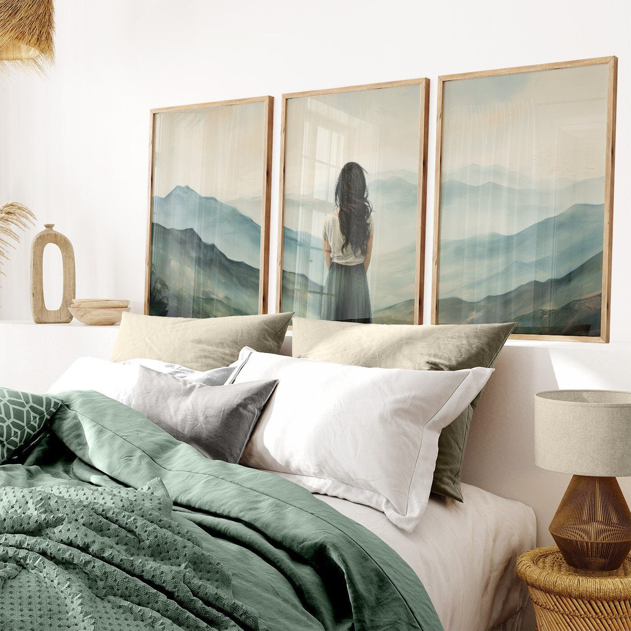 Woman on Mountain Print – Adventure Living Room Wall Decor • Set of 3