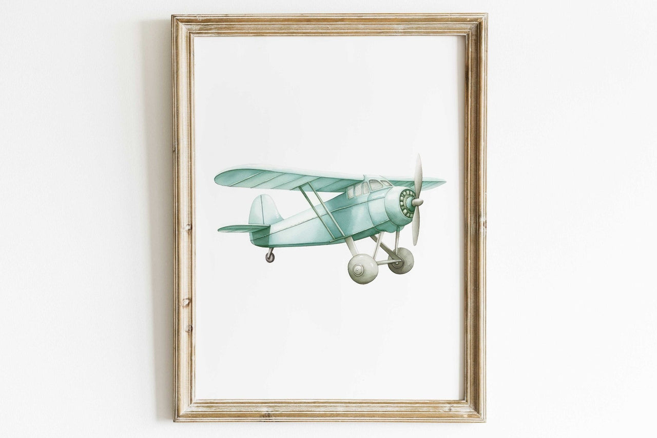 Green Vintage Airplane Wall Art – Transportation Boys Room Print