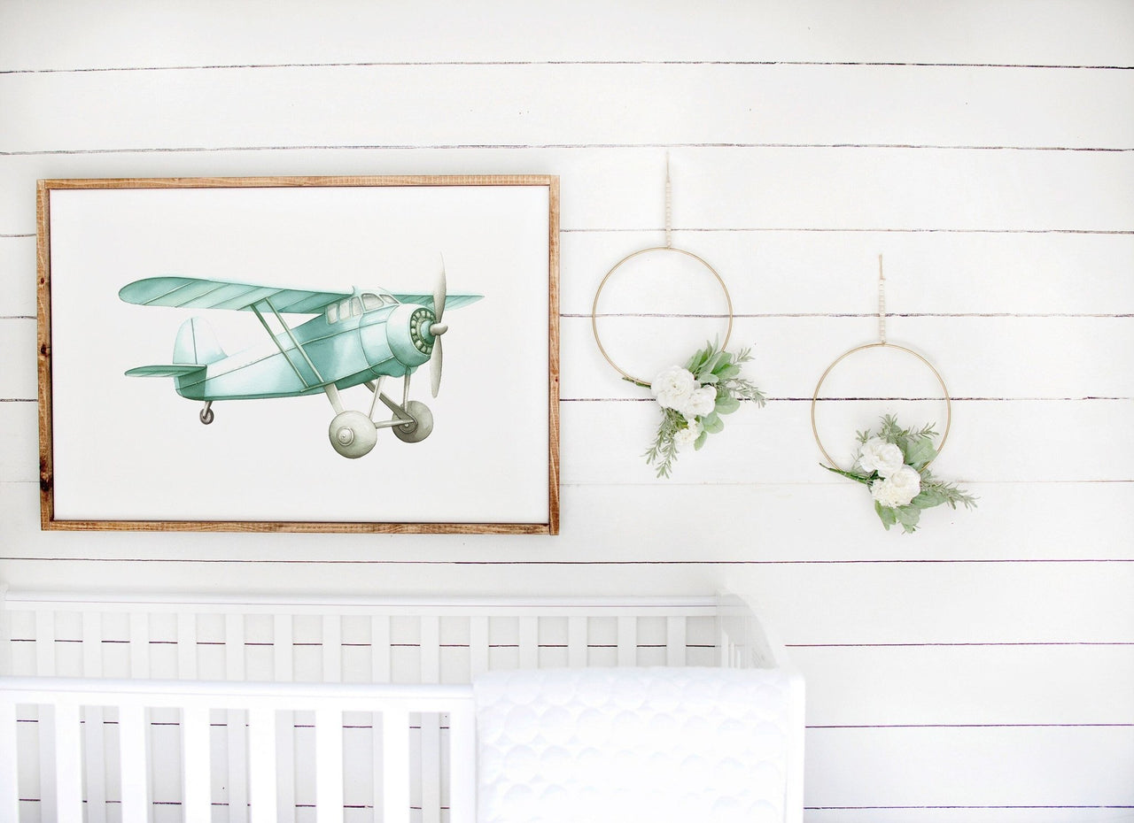 Green Vintage Airplane Wall Art – Transportation Boys Room Print