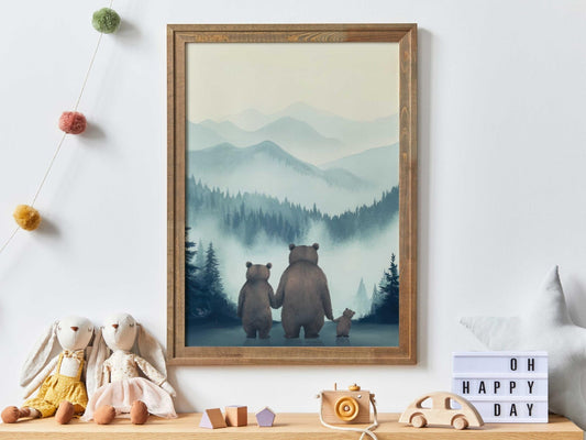 Animal Family Portrait, Bear Boy Nursery Decor, Family of Three Art - WildfieldPrints