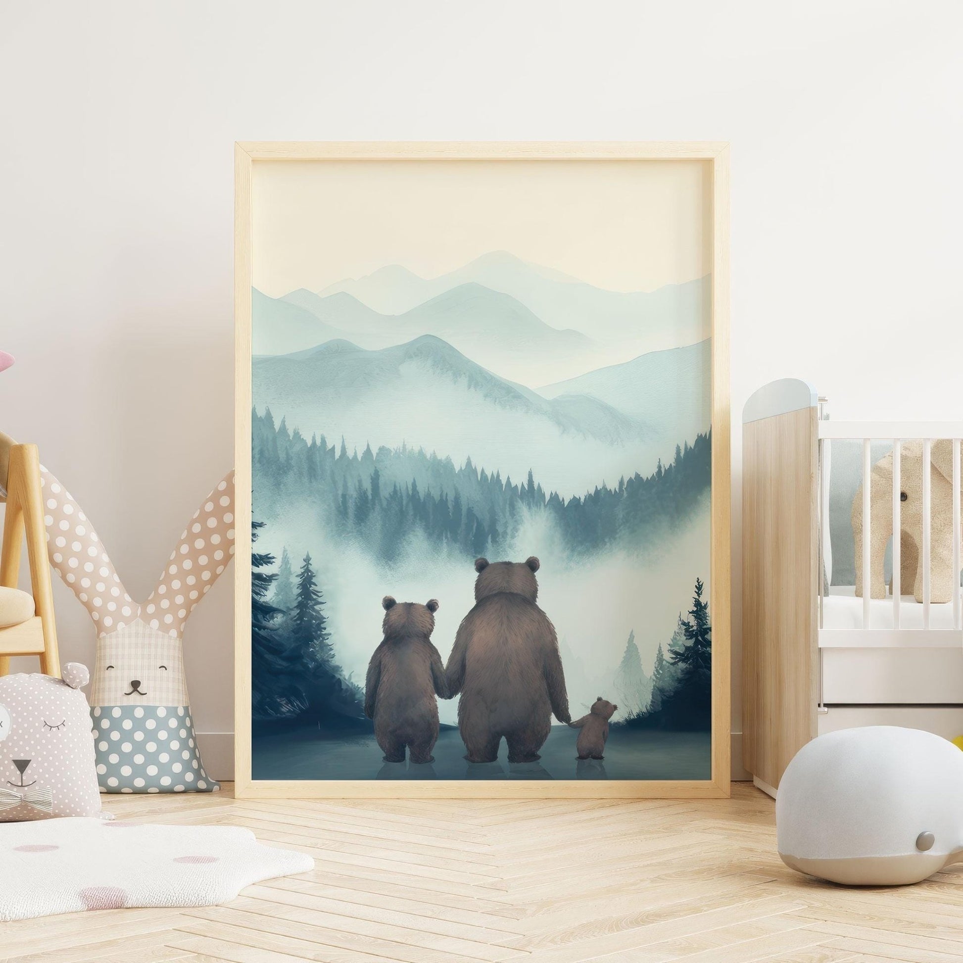 Animal Family Portrait, Bear Boy Nursery Decor, Family of Three Art - WildfieldPrints