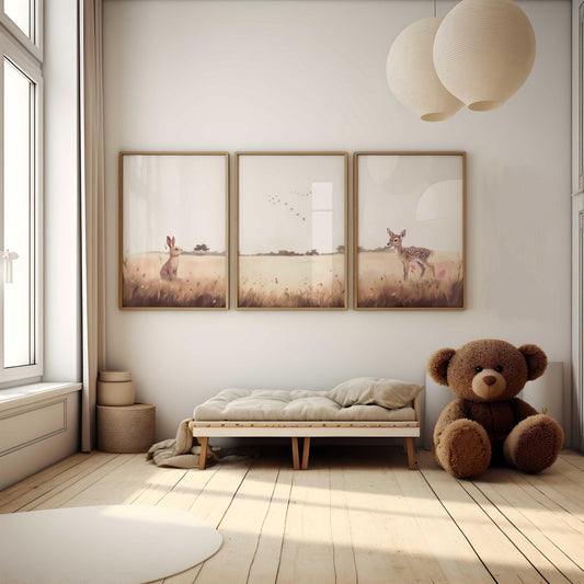 Animal Nursery Decor, Deer & Bunny, Forest Prints, Countryside Theme - WildfieldPrints