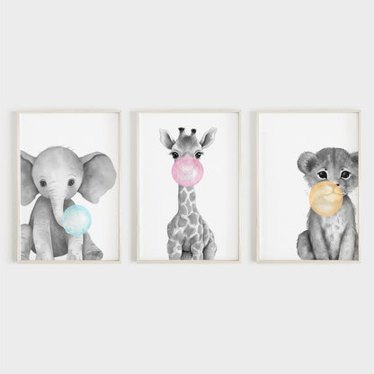 Animals Blowing Bubbles, Whimsical Safari Nursery Decor, Set of 3 - WildfieldPrints