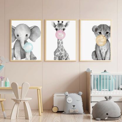 Animals Blowing Bubbles, Whimsical Safari Nursery Decor, Set of 3 - WildfieldPrints