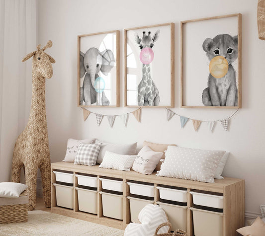 Animals Blowing Bubbles, Whimsical Safari Nursery Decor, Set of 3 - WildfieldPrints