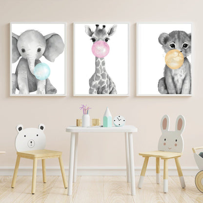 Animals Blowing Bubbles, Whimsical Safari Nursery Decor, Set of 3 - WildfieldPrints