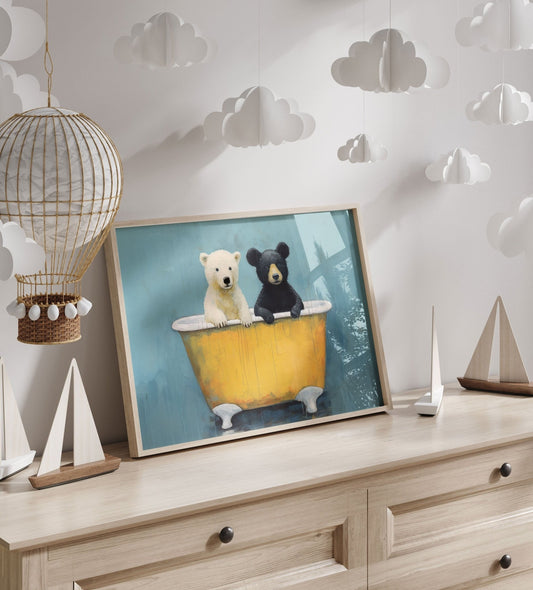 Animals in Bathtub, Forest Nursery Decor, Cute Wall Prints - WildfieldPrints