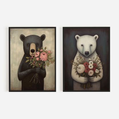 Animals with Flowers, Bears with Bouquets, Vintage Kids Room Decor - WildfieldPrints