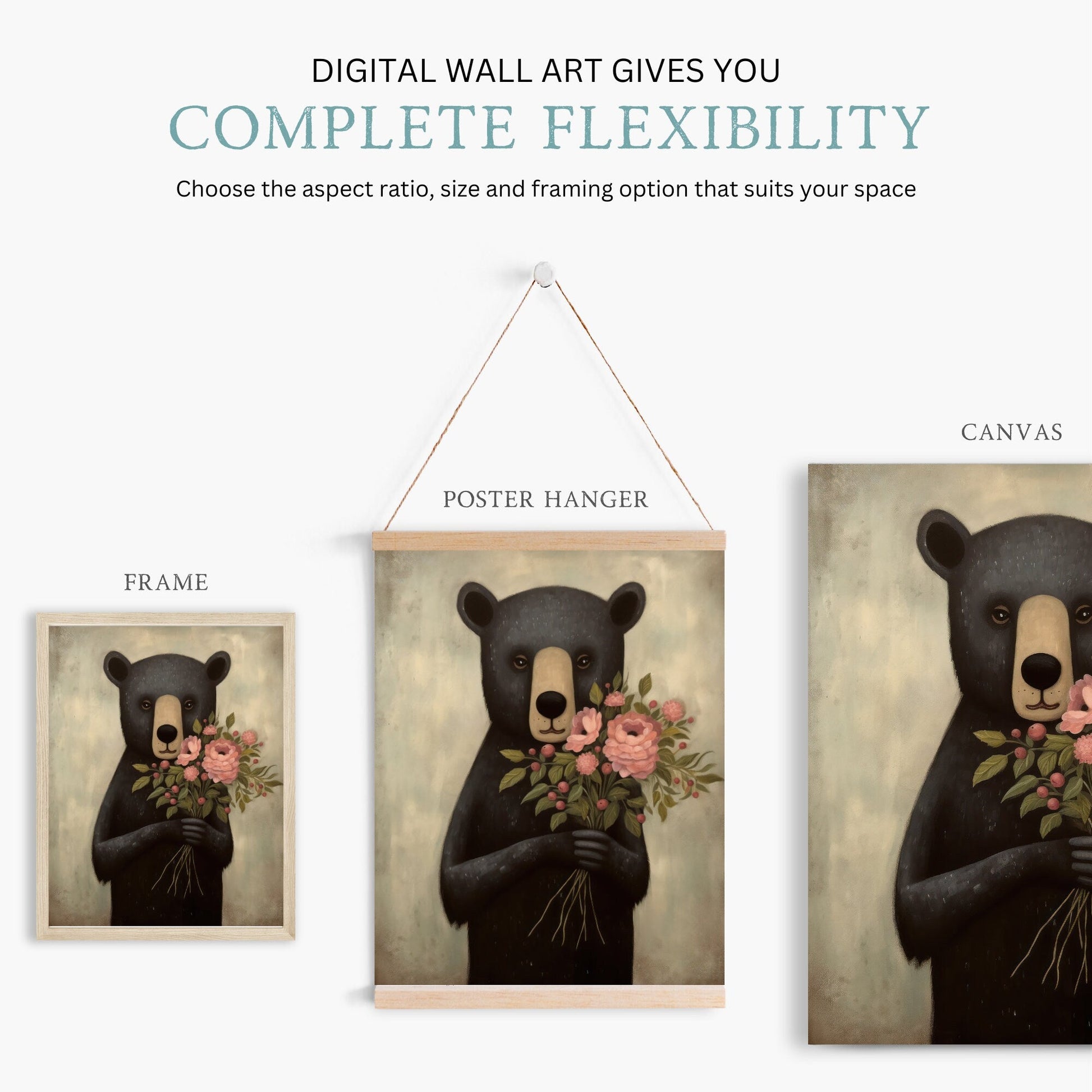 Animals with Flowers, Bears with Bouquets, Vintage Kids Room Decor - WildfieldPrints