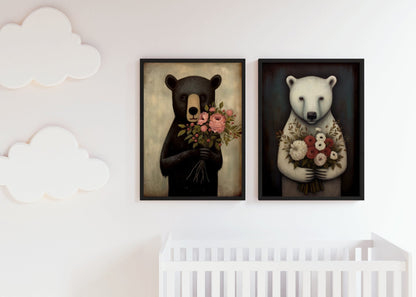 Animals with Flowers, Bears with Bouquets, Vintage Kids Room Decor - WildfieldPrints