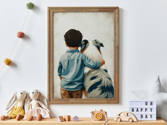 Australian Shepherd Nursery Art, Boy & Dog Prints, Cute Decor - WildfieldPrints