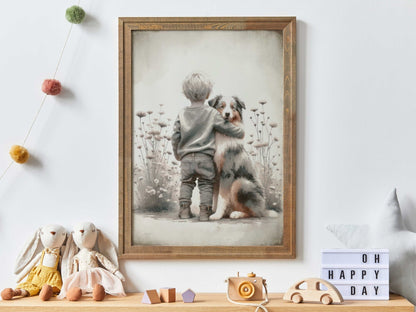 Australian Shepherd Nursery Decor, Boy & Dog Art Print, Animal Wall Art - WildfieldPrints