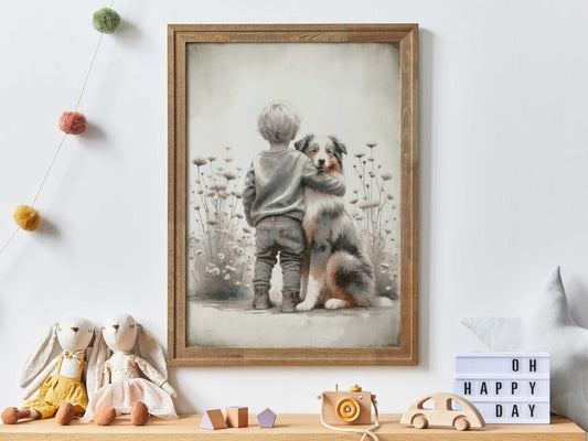 Australian Shepherd Nursery Decor, Boy & Dog Art Print, Animal Wall Art - WildfieldPrints