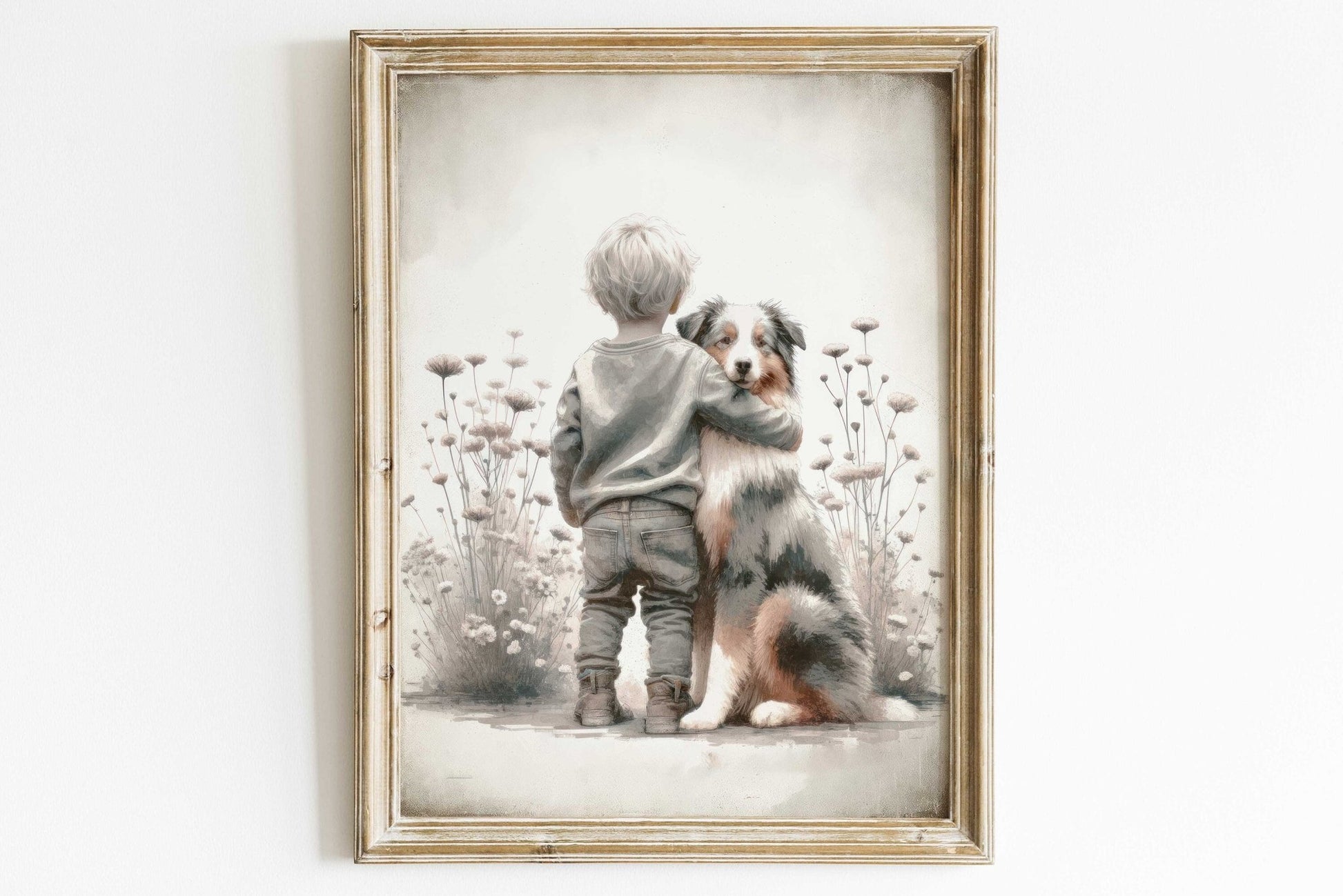 Australian Shepherd Nursery Decor, Boy & Dog Art Print, Animal Wall Art - WildfieldPrints