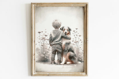 Australian Shepherd Nursery Decor, Boy & Dog Art Print, Animal Wall Art - WildfieldPrints