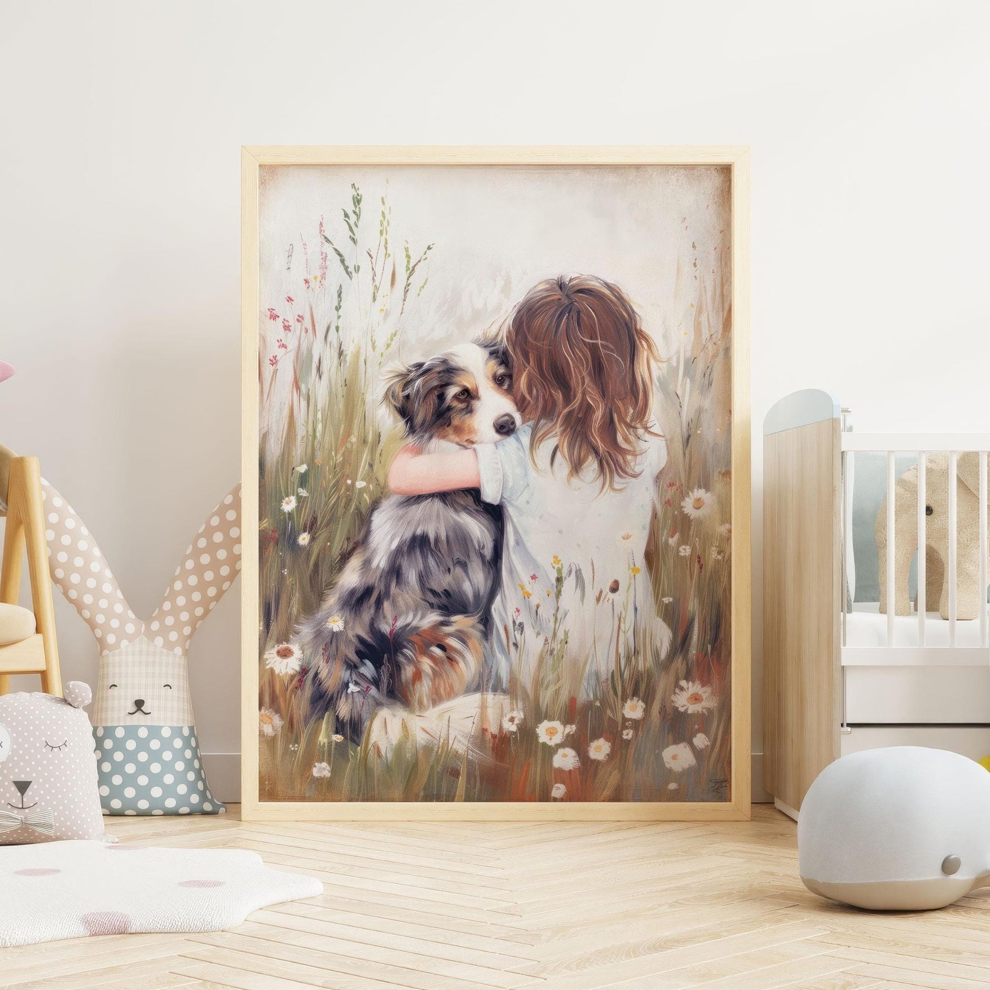 Australian Shepherd Nursery Decor, Girl & Dog Art Print, Aussie Wall Art - WildfieldPrints