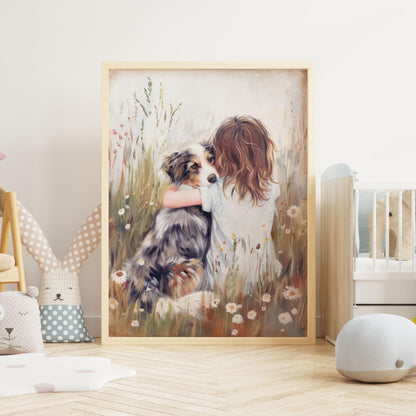 Australian Shepherd Nursery Decor, Girl & Dog Art Print, Aussie Wall Art - WildfieldPrints