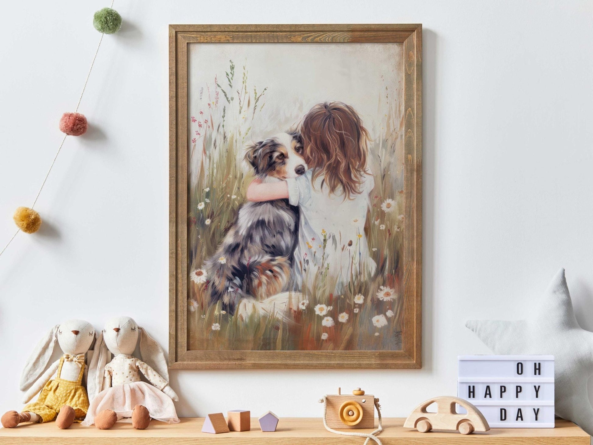 Australian Shepherd Nursery Decor, Girl & Dog Art Print, Aussie Wall Art - WildfieldPrints