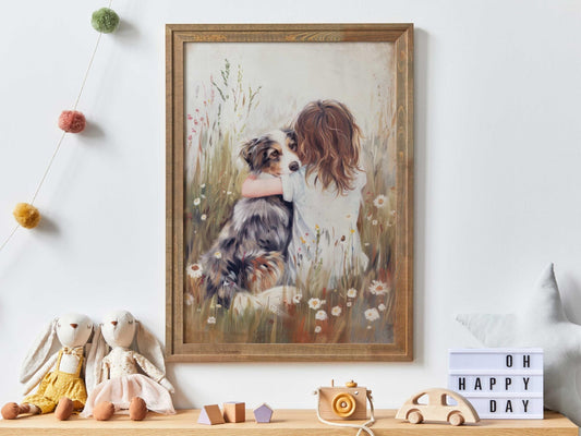 Australian Shepherd Nursery Decor, Girl & Dog Art Print, Aussie Wall Art - WildfieldPrints