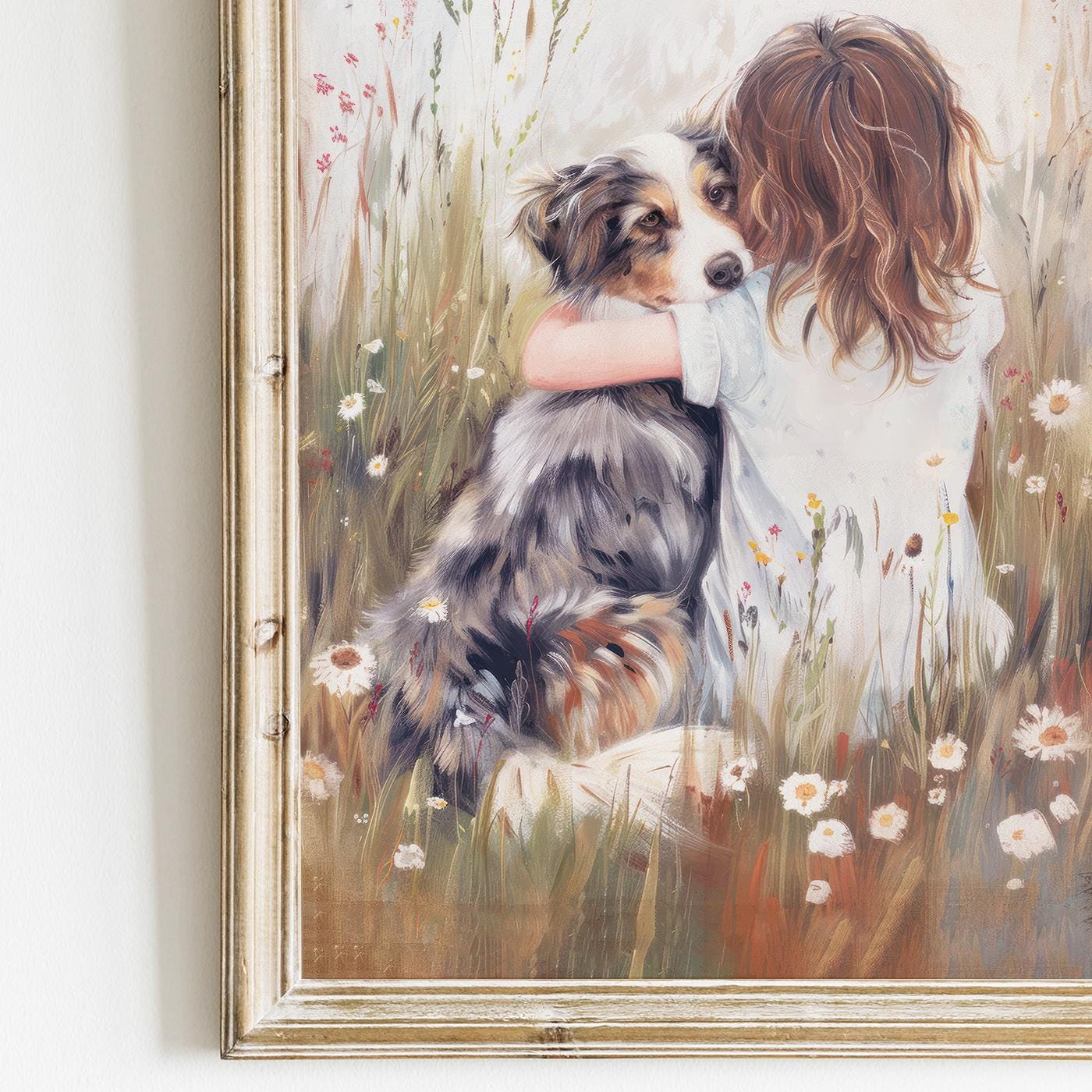 Australian Shepherd Nursery Decor, Girl & Dog Art Print, Aussie Wall Art - WildfieldPrints