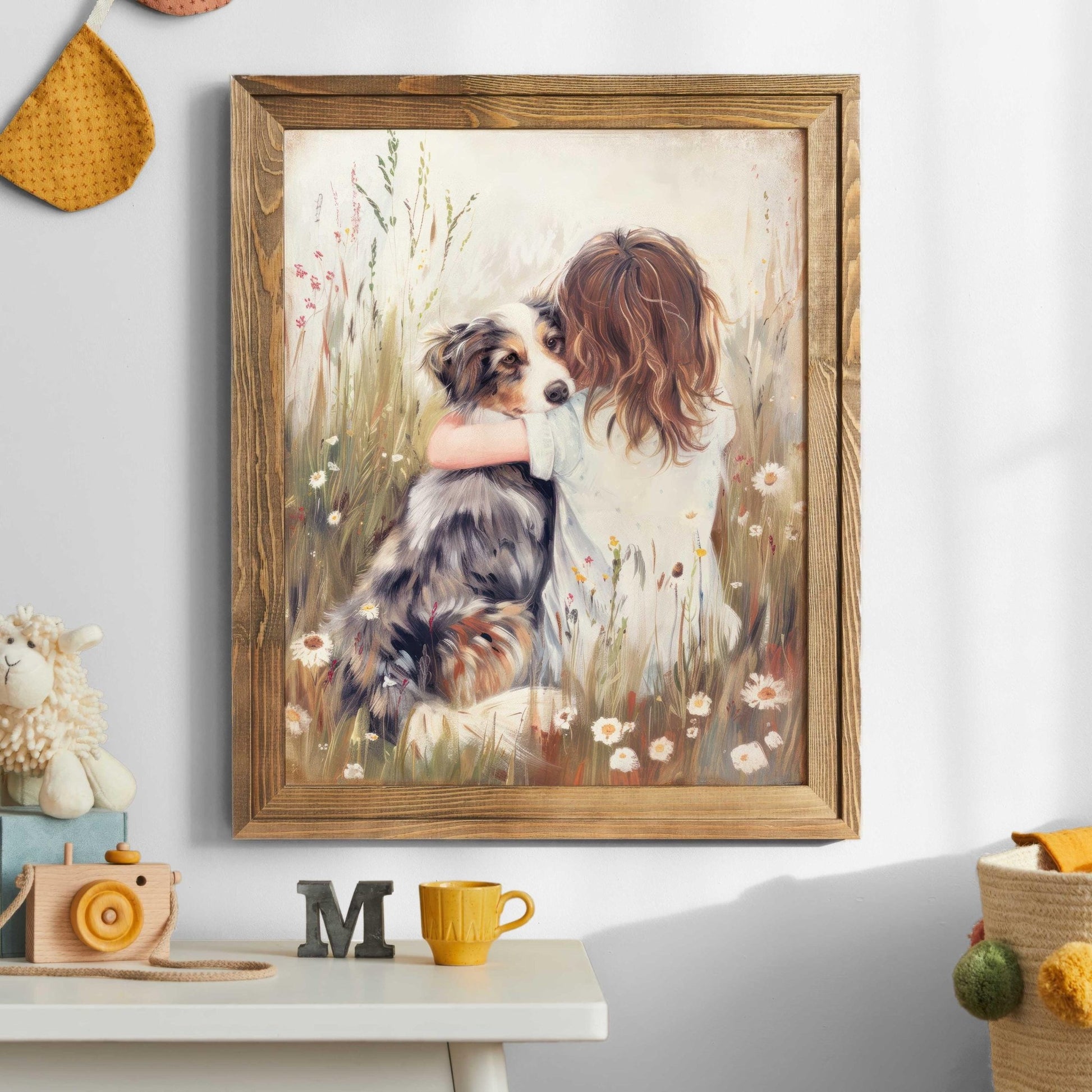 Australian Shepherd Nursery Decor, Girl & Dog Art Print, Aussie Wall Art - WildfieldPrints