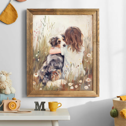 Australian Shepherd Nursery Decor, Girl & Dog Art Print, Aussie Wall Art - WildfieldPrints