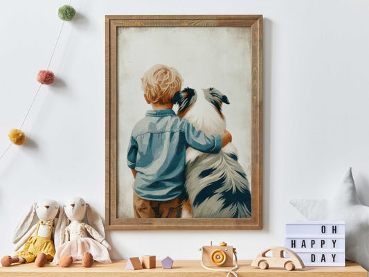 Australian Shepherd Nursery Print, Boy & Dog Art, Toddler Room Decor - WildfieldPrints