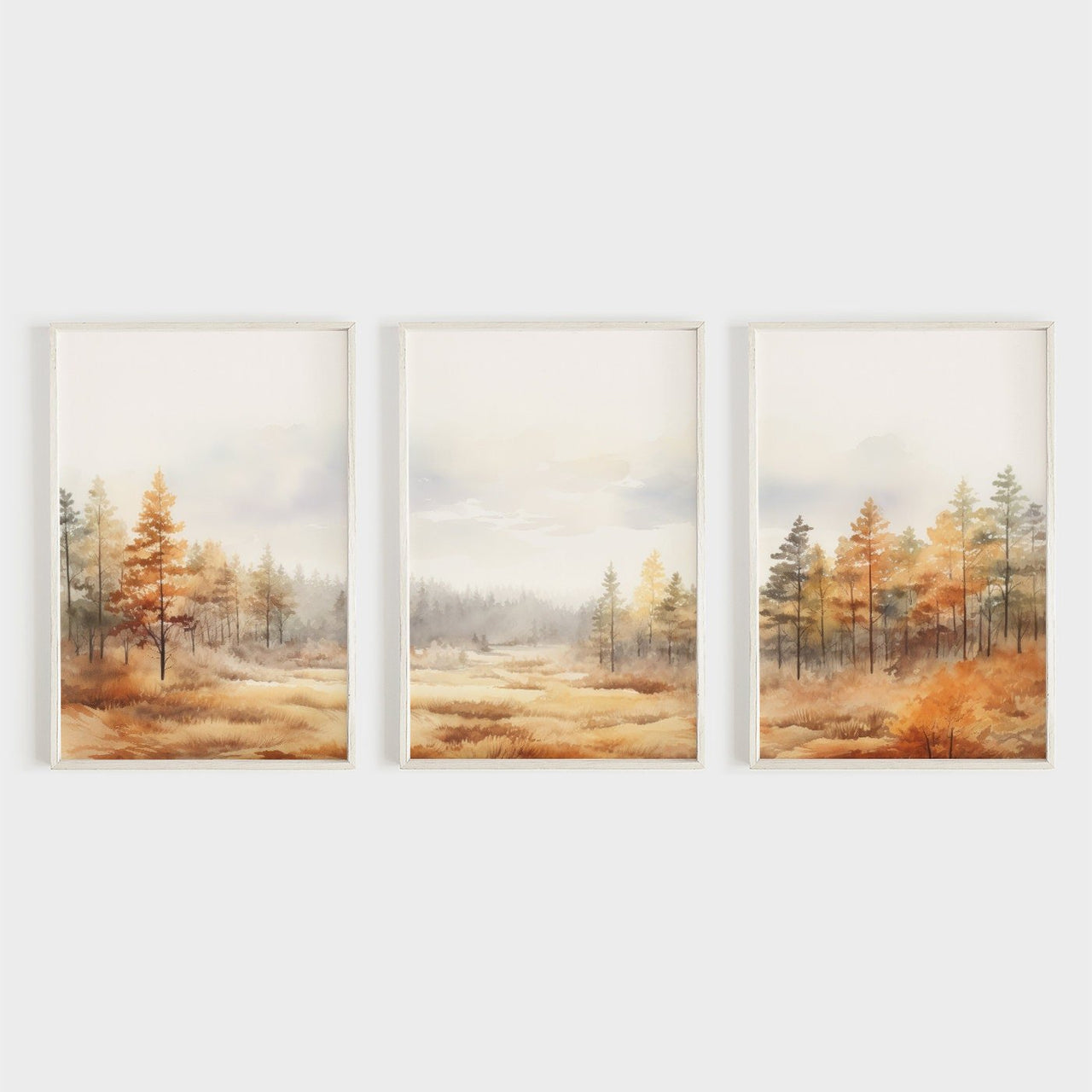 Forest Watercolor Wall Art – Autumn Living Room Print • Set of 3