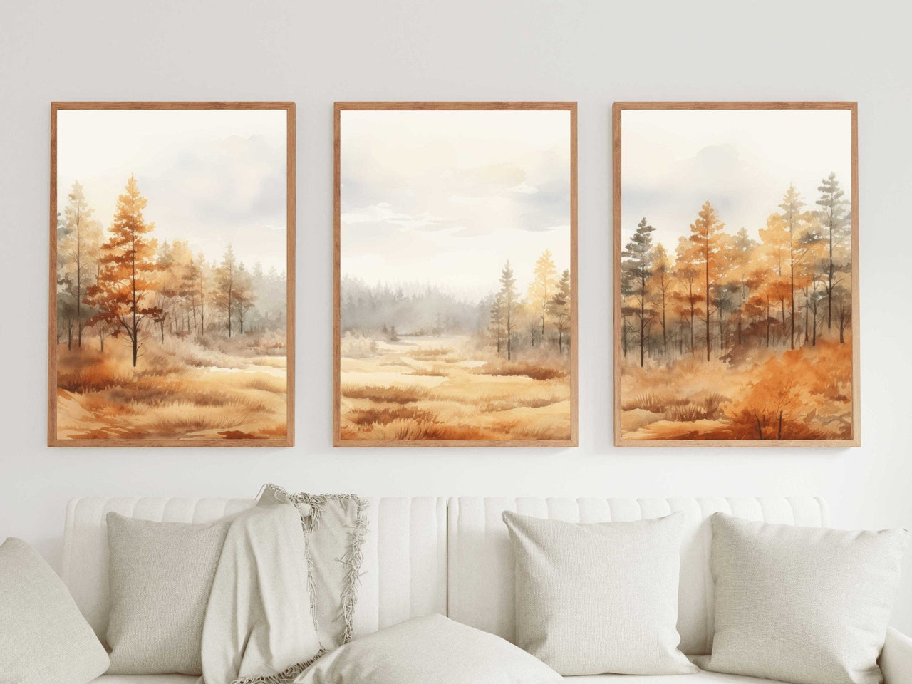 Forest Watercolor Wall Art – Autumn Living Room Print • Set of 3