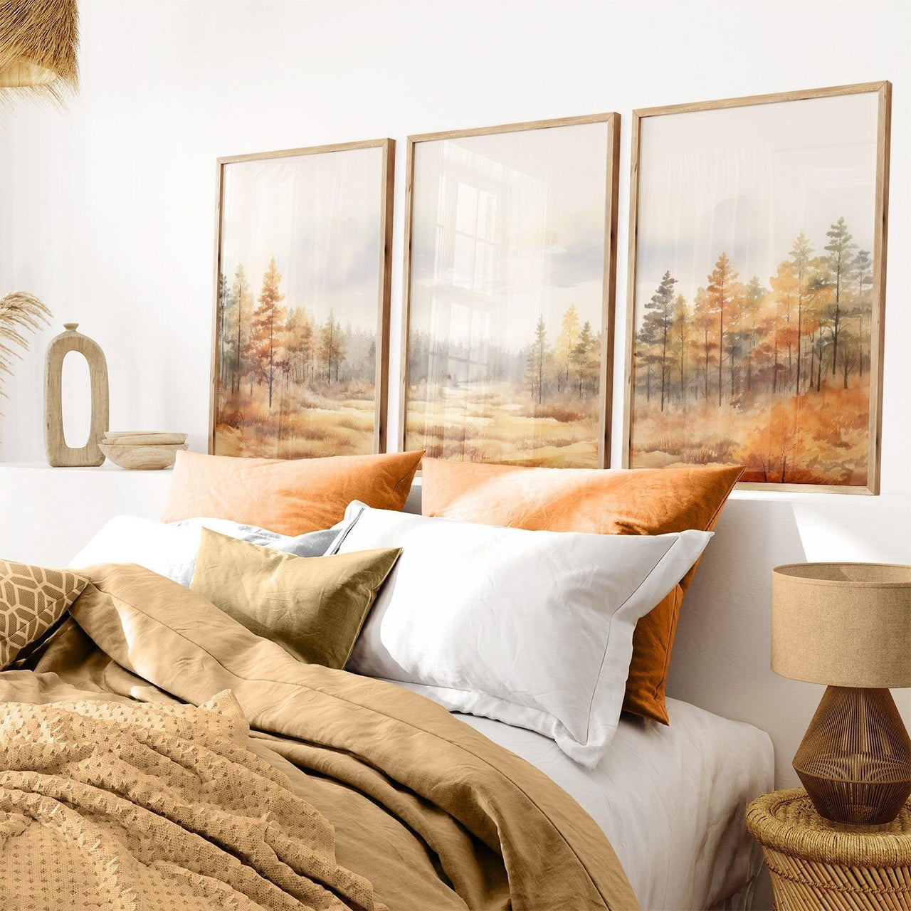 Forest Watercolor Wall Art – Autumn Living Room Print • Set of 3