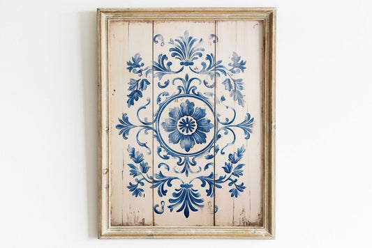 Azulejo Art Print, Vintage Tile Motif, Rustic Wall Decor - WildfieldPrints