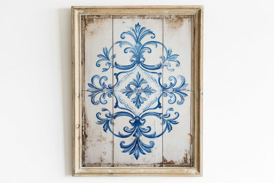 Azulejo Print, Portuguese Tile Art, Rustic Wall Decor, Vintage Design - WildfieldPrints