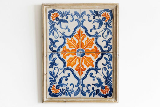 Azulejos Print, Portuguese Tile Art, Azulejos Wall Art, Spanish Tile, Blue and Orange Art, Rustic Spanish Country Decor, PRINTABLE Tile Art - My Store