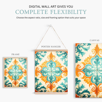 Azulejos Wall Art, Rustic Tile Design, Teal and Orange Decor - WildfieldPrints