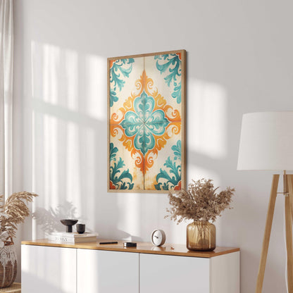 Azulejos Wall Art, Rustic Tile Design, Teal and Orange Decor - WildfieldPrints