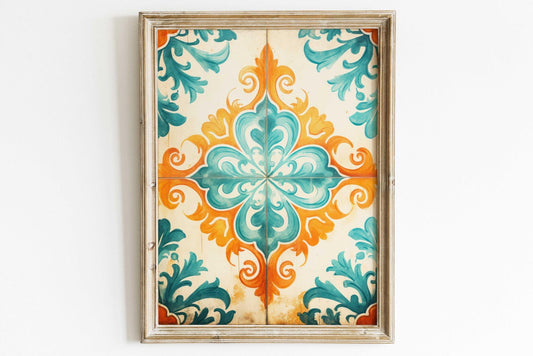 Azulejos Wall Art, Rustic Tile Design, Teal and Orange Decor - WildfieldPrints