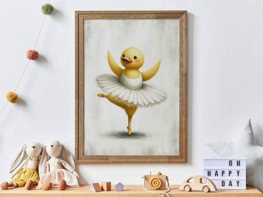 Baby Duck Nursery Decor, Whimsical Yellow Print, Dancing Duck Art - WildfieldPrints